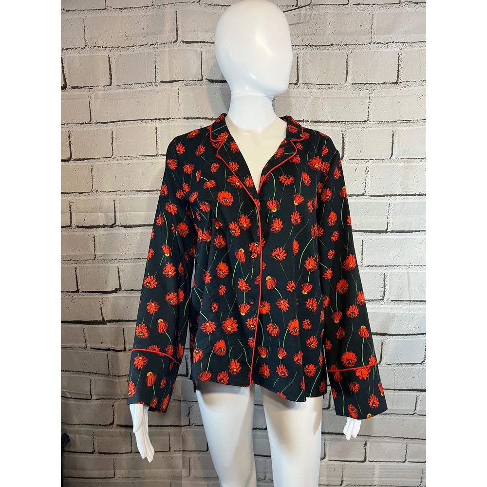 HM Floral Pajama Style Blouse Black Red Piping Button Down Top Size 8